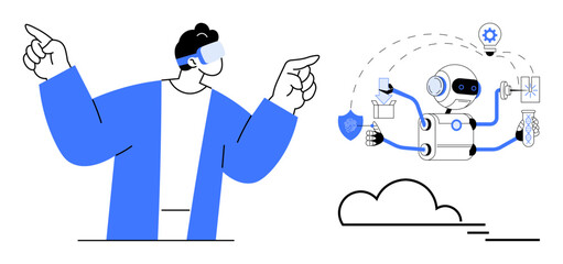 Person wearing VR headset gesturing towards a robot multitasking with tools thumbs up a test tube, shield, and gear. Ideal for technology, automation, innovation, VR, AI future education. Simple