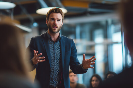 A man in a suit is giving a presentation to a group of people - Powered by Adobe