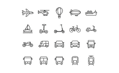 Collection of Minimalist Black Line Transportation Icons on White Background.