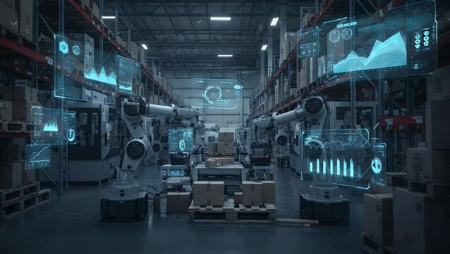 Robotic arms in a modern warehouse with holographic data displays - Powered by Adobe