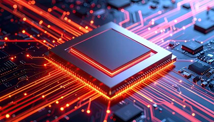 Obraz premium CPU on circuit board, glowing wires