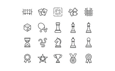 Collection of Game Icons: Chess Cards Puzzles and Awards in Line Art.