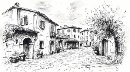 Hand-drawn sketch of an old European village square.
