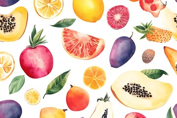Vibrant watercolor painting of assorted fresh fruits and green leaves scattered on a white background