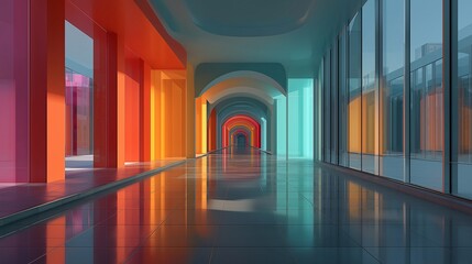 A 3D render of a long, empty corridor with beautiful, multi-colored pillars and glass, creating a vibrant reflection. A concept for modern architecture, design, and perspective