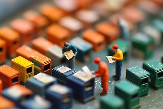 Tiny postal workers sorting miniature letters into small mailboxes, stamps the size of glitter flakes 