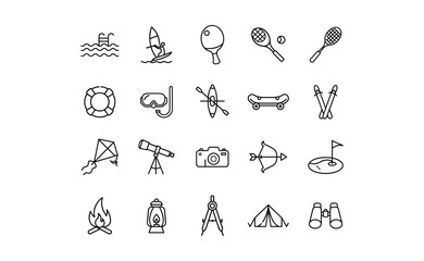 Collection of Black Line Art Icons Representing Various Outdoor Activities.