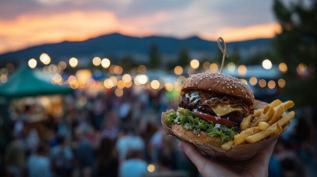 Festival atmosphere with close-up of hand holding gourmet burger and fries, blurred food truck stalls and excited visitors framed by fiery orange sunset