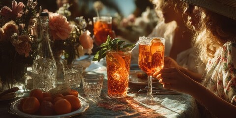 Elegant outdoor gathering featuring drinks and floral decorations during a sunny afternoon