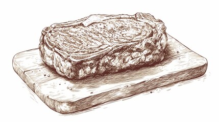 Hand-drawn illustration of a steak on a wooden cutting board.