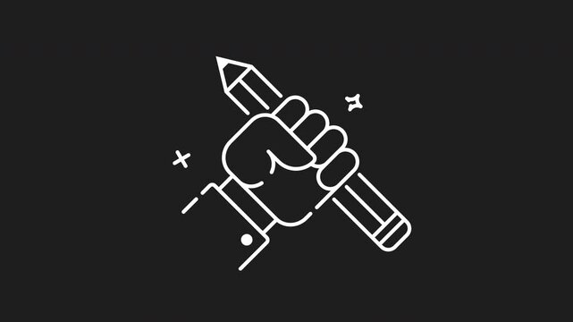 Writing skill white line animation. Animation featuring a hand gripping a pencil for projects related to creativity, writing, education, design, or art inspiration.