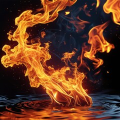 Vibrant orange and yellow flames dance dynamically above a rippling water surface with a dark, smoky background.
