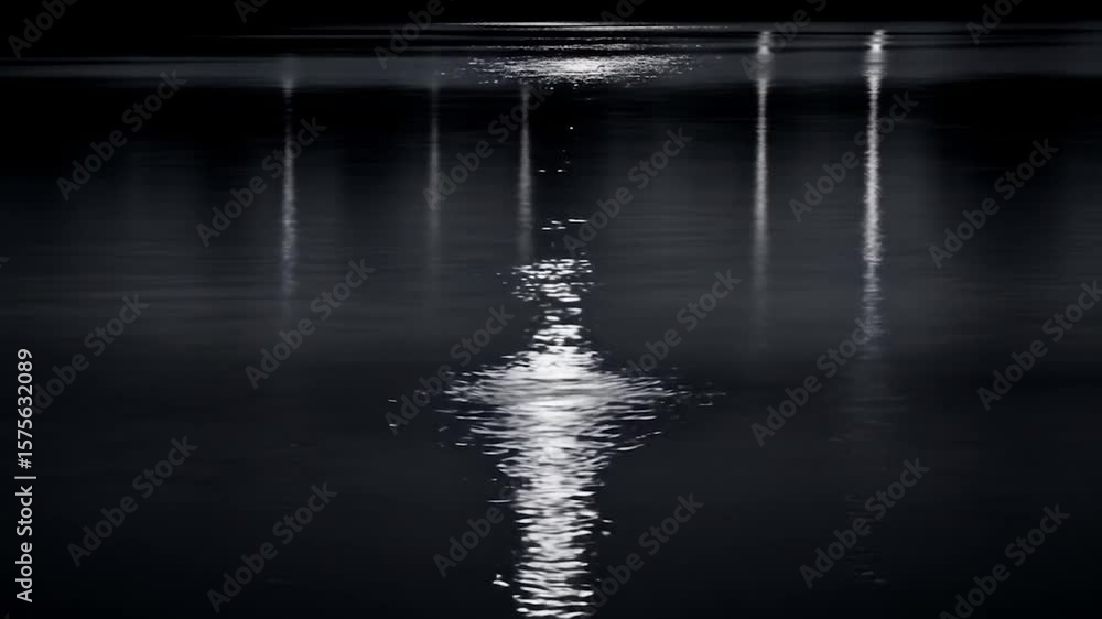 Poster eerie nightscape: reflections of light on dark water surface, creating abstract patterns