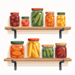 Visual pantry on wooden shelves displaying array of colorful preserved food jars. Visual pantry filled with various fruits and vegetables, offering charming decorative aesthetic.
