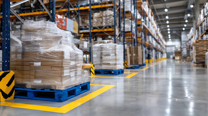 Fototapeta premium Interior shot of a clean, well-lit warehouse featuring brown paper bags stacked on blue plastic pallets, aisle markings visible on the polished concrete floor, highlighting meticul
