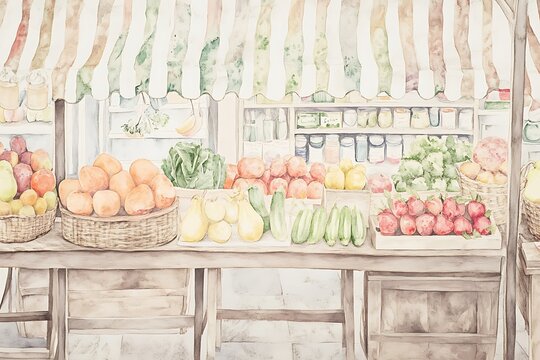 Watercolor painting of a fresh produce stand with fruits and vegetables