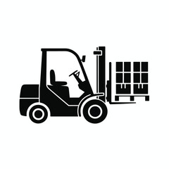 Black silhouette of a forklift truck lifting a pallet of boxes on a white background