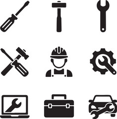 Obraz premium A versatile vector icon set of tools, symbols for repair, construction, and work, featuring hammer, wrench, drill, and more