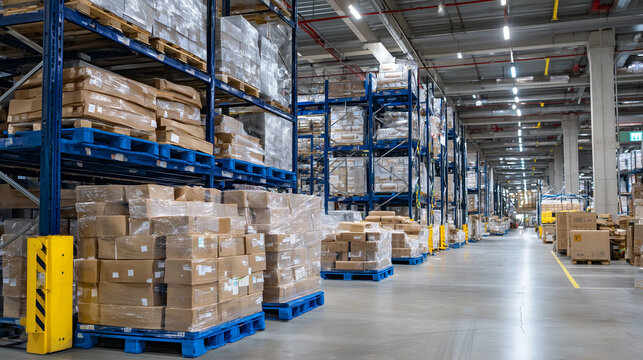 High-angle view of warehouse floor lined with blue pallets stacked with brown paper bags, perfect uniformity in arrangement under cold fluorescent lights, conveying professionalism
