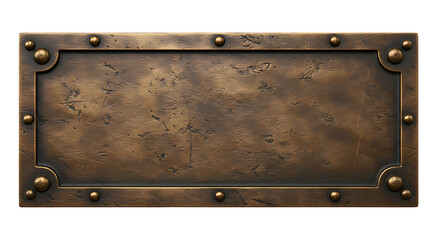 Aged bronze plaque with rivets presents a textured, vintage metal sign perfect for steampunk designs or industrial themed projects.