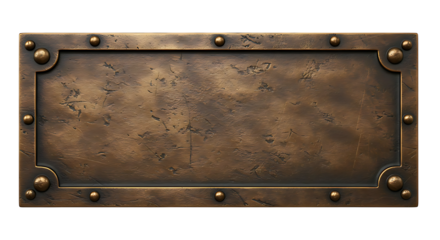 Aged bronze plaque with rivets presents a textured, vintage metal sign perfect for steampunk designs or industrial themed projects.