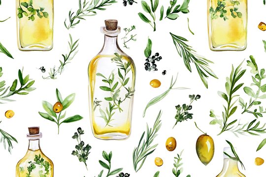 Watercolor pattern of glass bottles filled with herbal oil and fresh herbs