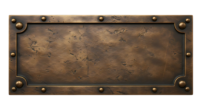 Aged bronze plaque with rivets presents a textured, vintage metal sign perfect for steampunk designs or industrial themed projects.