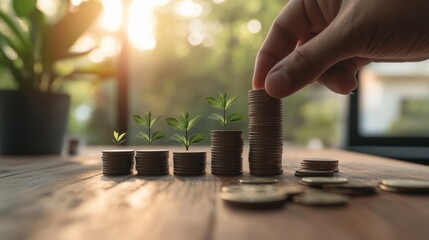 Obraz premium Hand placing coin on stacks of coins with growing plants money growth finance