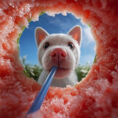 A funny and unique summer photo of a white puppy enjoying a watermelon drink, taken from inside the fruit. A concept for summer, refreshment, and creative photography