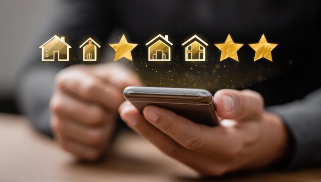Person using phone with golden house icons and stars, signifying positive real estate reviews