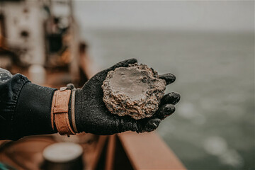 Close-up of the gloved hands holding wet polymetallic nodule on ship deck freshly recovered from the ocean. extraction and exploration from the deep ocean
