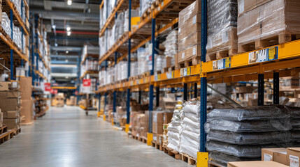 Warehouse interior featuring parallel wooden shelves loaded with bulk food supplies, wide aisle clear for movement, labels and inventory stickers visible for effective stock manage