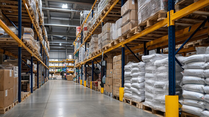 Industrial warehouse aisle with wooden shelves meticulously stocked with pallets of rice bags, flour sacks, and boxed food products, clean concrete floor and clear signage enhancin