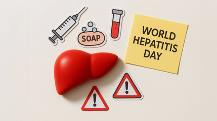 Hepatitis awareness with red liver model syringe and soap icons on world hepatitis day concept