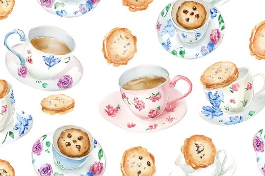 Watercolor seamless pattern of tea cups with cookies and floral designs