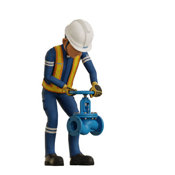 Industrial worker operating globe valve on transparent background