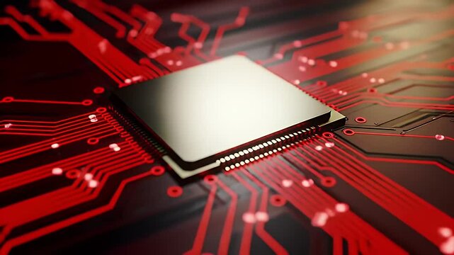 Silver Microchip Centered on Black with Vibrant Red Circuit Pattern Under Warm Lighting Optimized For Adobe Stock - Powered by Adobe