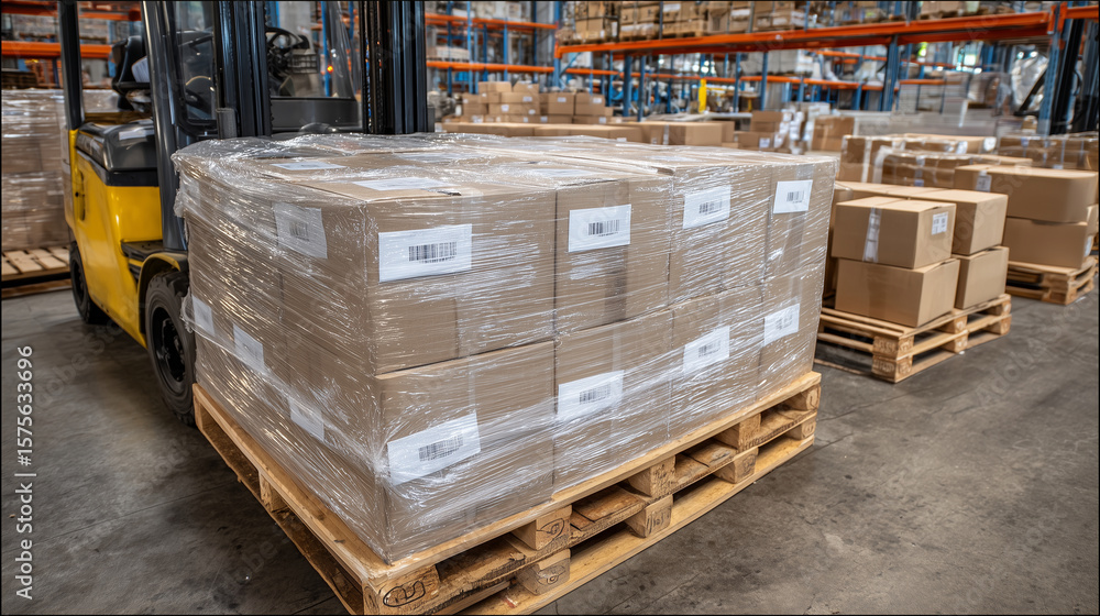 Poster overhead shot of pallet loaded with uniformly sized cardboard boxes wrapped in clear shrink wrap, su