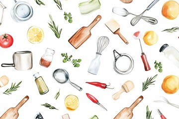 Watercolor collection of kitchen utensils and fresh ingredients on white background