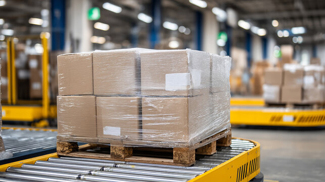 Industrial warehouse floor showing pallet stacked with various sized cardboard boxes wrapped in plastic, ready for transport, conveyor belts and loading docks faintly visible in ba