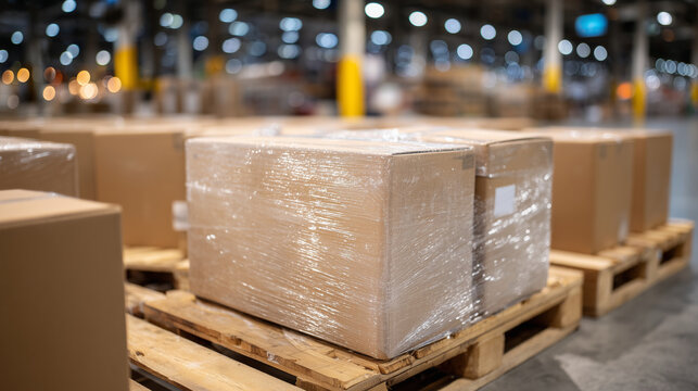 Focused image of cardboard boxes bundled on wooden pallet, transparent stretch film tightly securing goods, warehouse aisles and packed inventory fading softly in the background