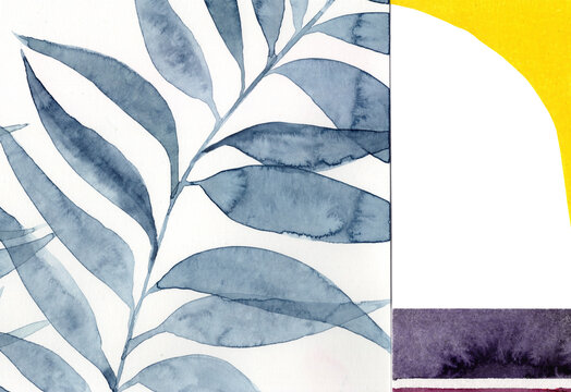 Abstract watercolor collage with botanical elements and geometric shapes