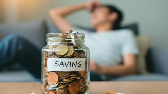 Person trying to save money, quitting smoking represented by jar of coins and cigarettes