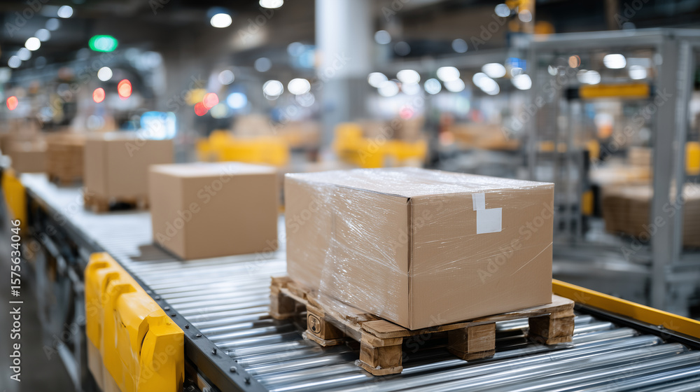 Poster shipping preparation scene with multiple pallets holding shrink-wrapped cardboard boxes, conveyor sy