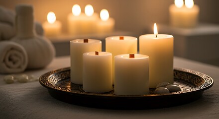 Warm Candlelit Spa Setting with Aromatherapy Towels and Stones