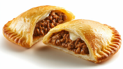 Golden baked meat hand pie filled with minced meat and melted cheese, cut in half to show the savory filling. Crispy crust and juicy interior, isolated on white background.
