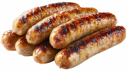 Grilled sausages with golden brown skin and charred marks, stacked together and isolated on white background. Juicy and savory meat dish ready to serve.