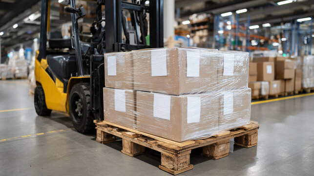 Sturdy wooden pallet loaded with neatly stacked cardboard boxes wrapped in clear plastic wrap, bright warehouse environment with metal racks and logistics vehicles in soft focus