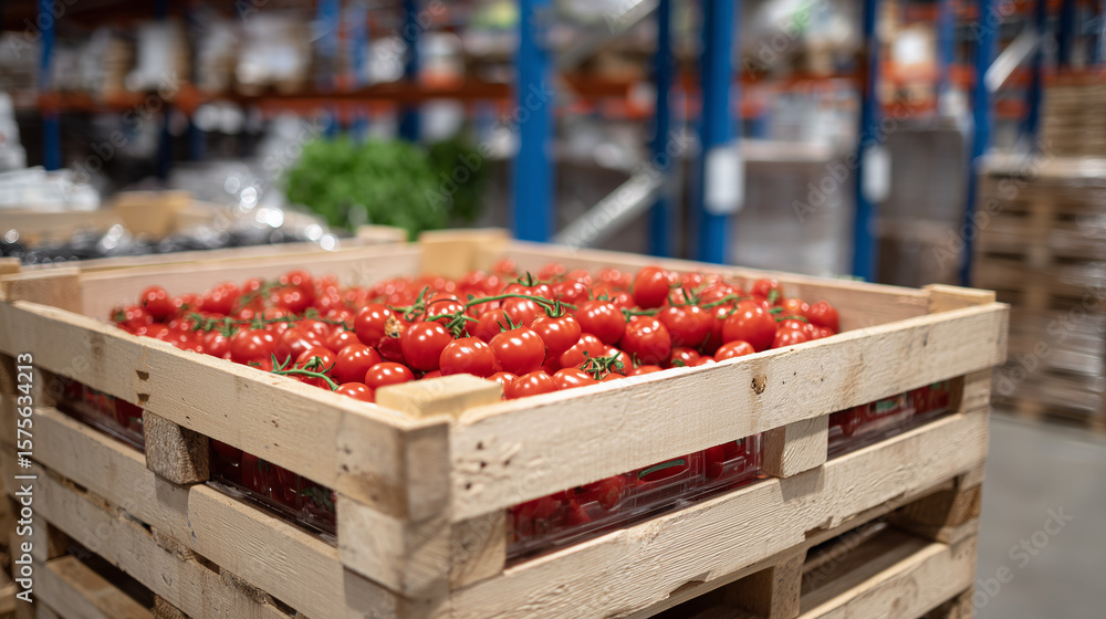 Aufkleber close-up of vibrant red tomatoes packed in transparent crates on pallets, surrounded by boxes and ot