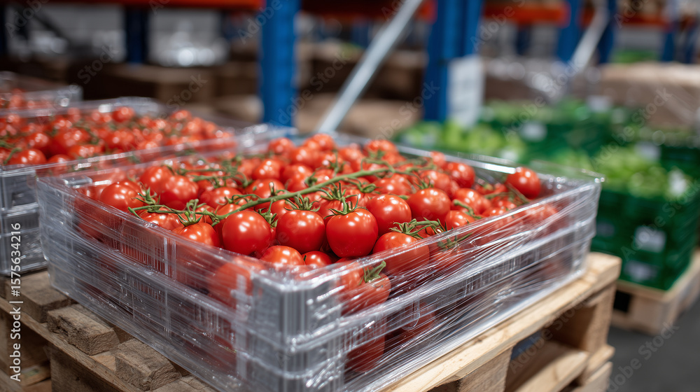 Poster close-up of vibrant red tomatoes packed in transparent crates on pallets, surrounded by boxes and ot